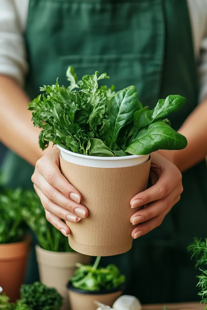 A person wearing a green apron holding a biodegradable pot filled with fresh leafy greens.