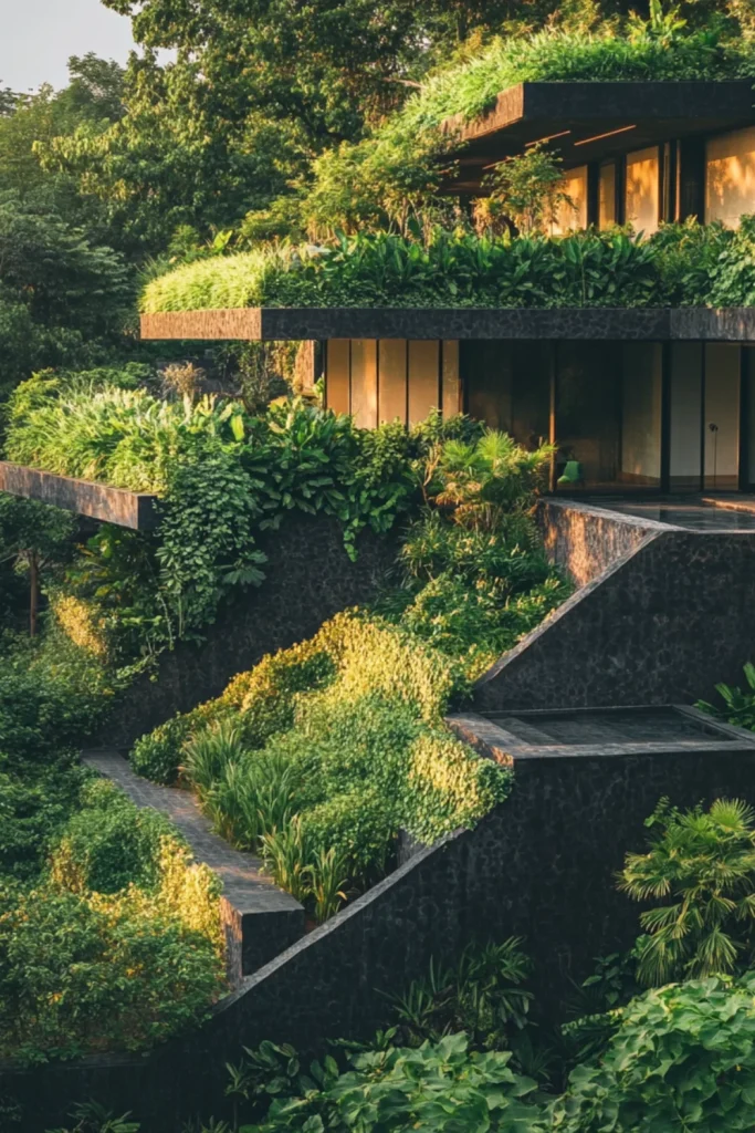 A stunning eco-friendly home with lush green terraces blending into the surrounding tropical landscape.