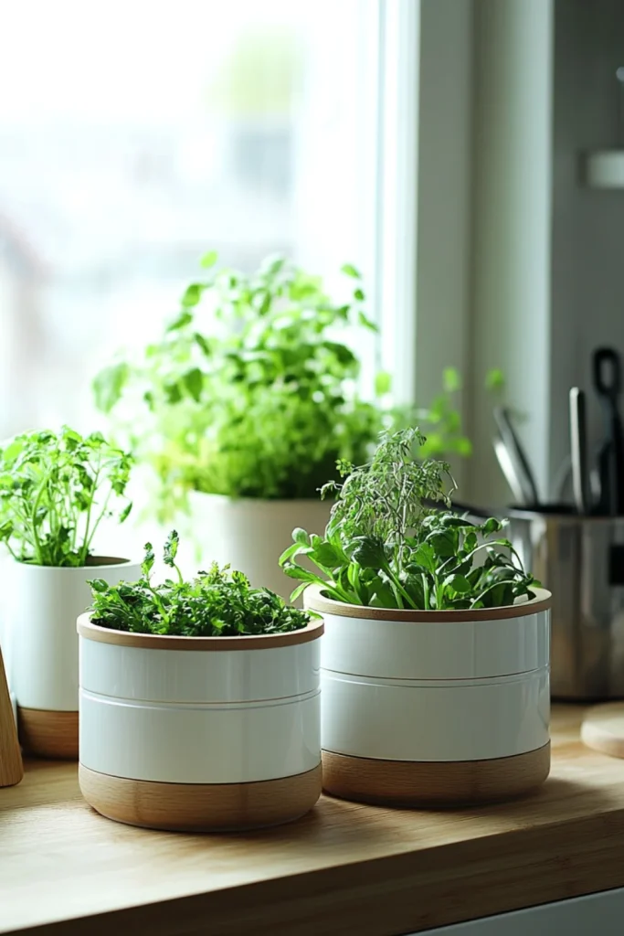 A collection of fresh herbs growing in stylish white and wooden pots on a kitchen countertop near a window.