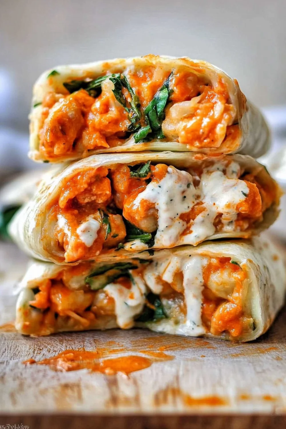 A close-up of a delicious Buffalo Cauliflower Wrap stacked three layers high, filled with creamy sauce, spinach, and tender cauliflower, with a bite taken out, oozing with sauce.