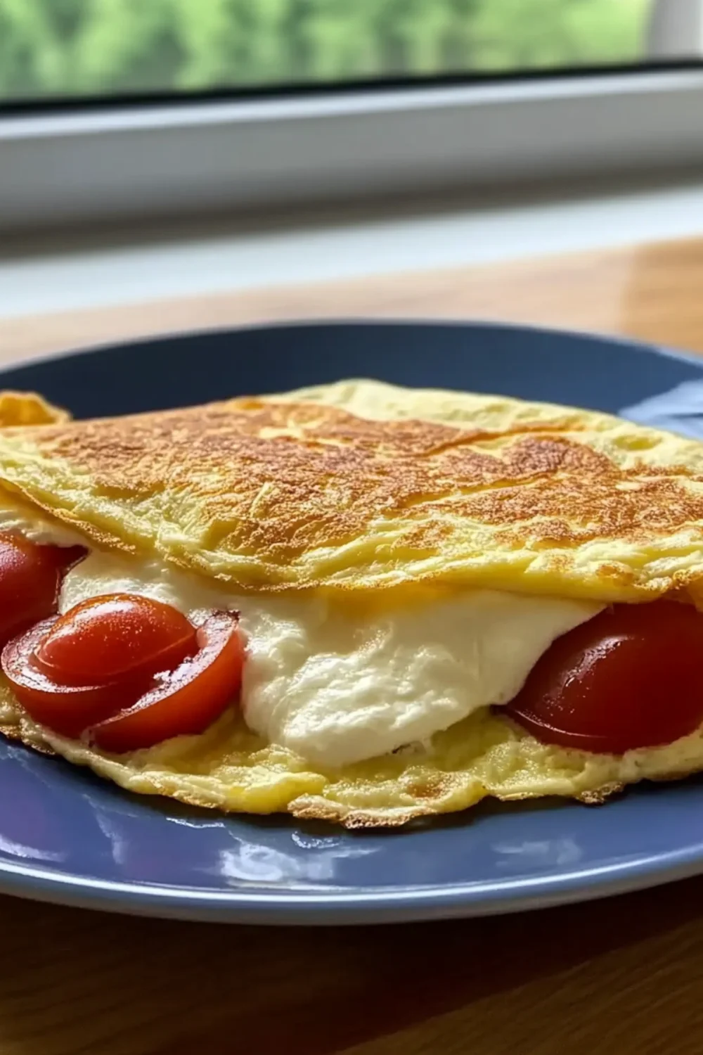 Golden fluffy omelet stuffed with melted mozzarella cheese and juicy cherry tomato halves on a blue plate.