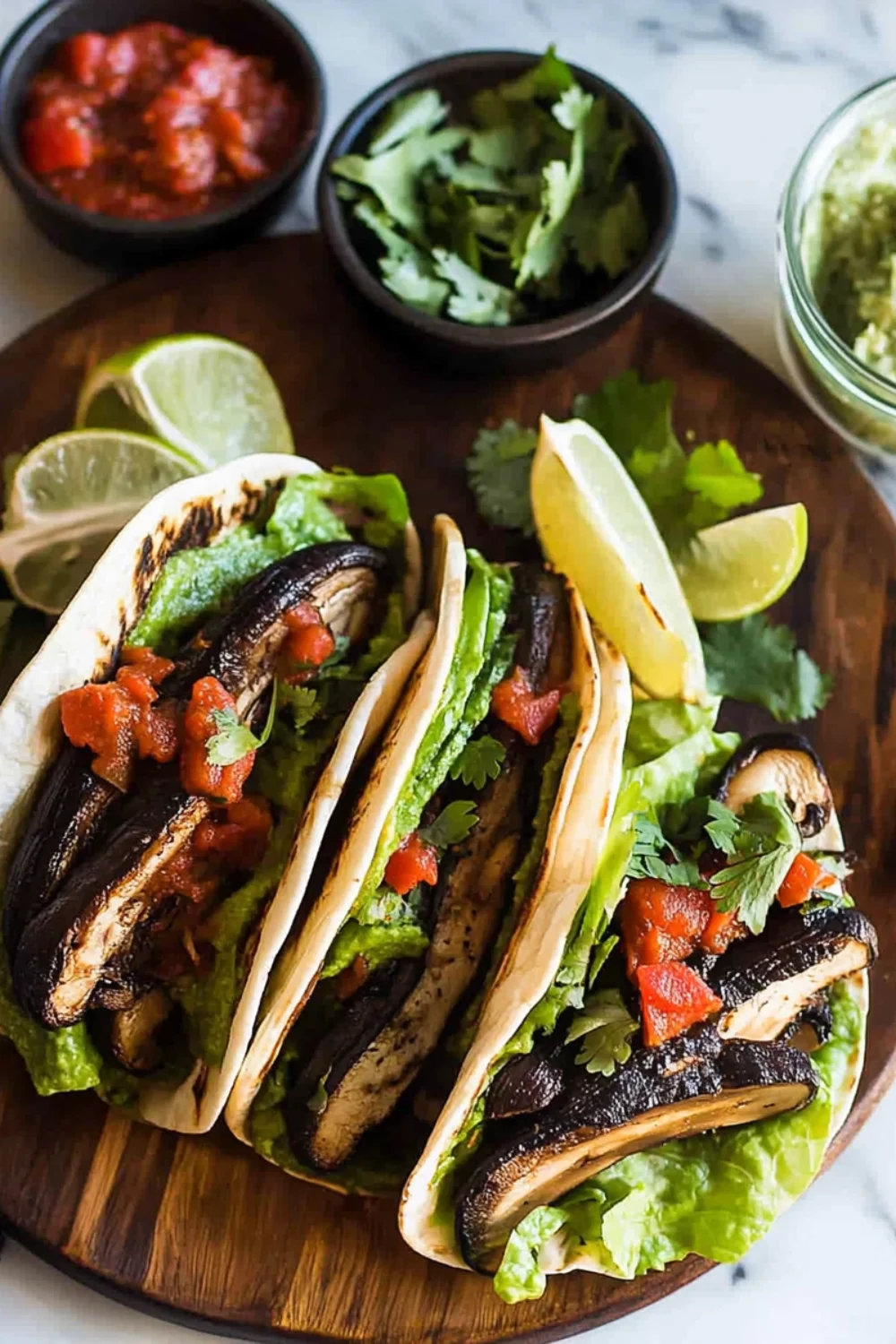 A close-up of Harissa Portobello Mushroom Tacos filled with grilled mushrooms, fresh lettuce, salsa, and cilantro, served with lime wedges, with sides of salsa and guacamole.