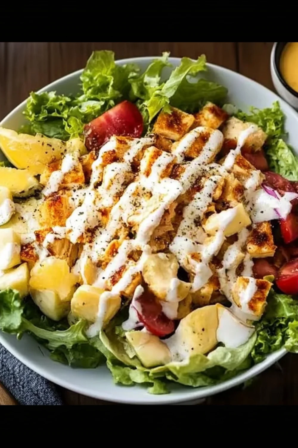 A close-up of a fresh steakhouse salad with grilled chicken, mixed greens, tomatoes, pineapple, and a creamy dressing drizzled over the top.
