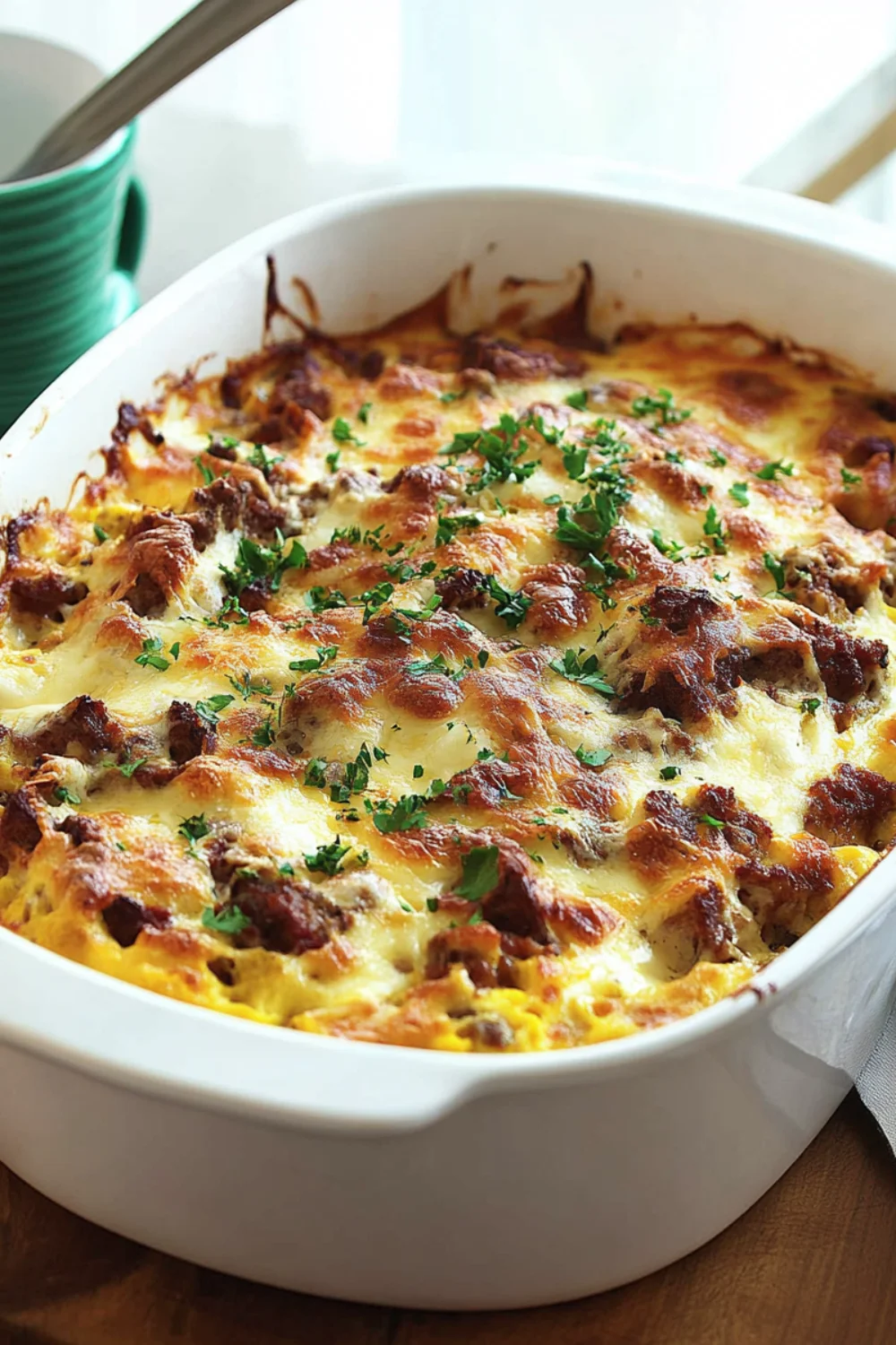 A delicious and cheesy Ina Garten Overnight Breakfast Casserole, loaded with ground sausage, eggs, and melted cheese, topped with fresh parsley.