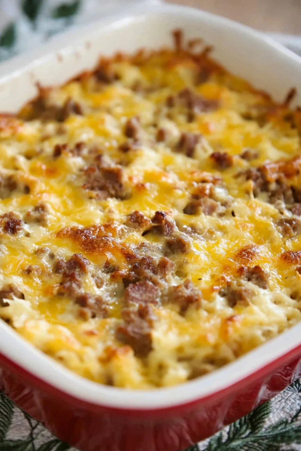 A close-up view of a cheesy Sausage Hashbrown Breakfast Casserole, with melted cheese and savory sausage scattered on top of golden, crispy hashbrowns.