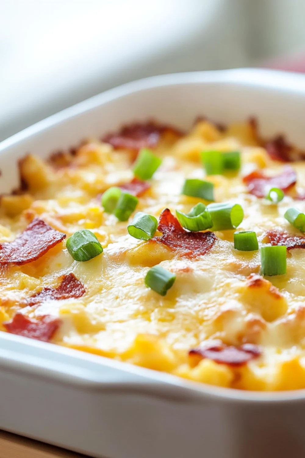 A close-up of a delicious Easy Hash Brown Breakfast Casserole, topped with crispy bacon bits and fresh green onions. The casserole is golden and bubbly with melted cheese on top.