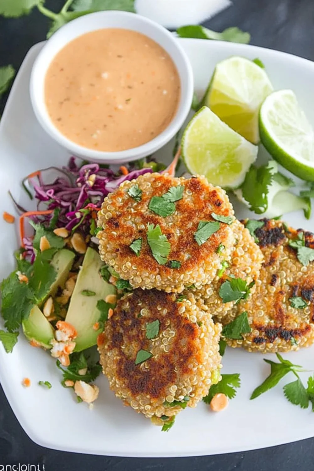 A close-up of Thai-Style Quinoa Cakes served with a side of peanut dipping sauce, lime wedges, shredded purple cabbage, avocado slices, and fresh cilantro.